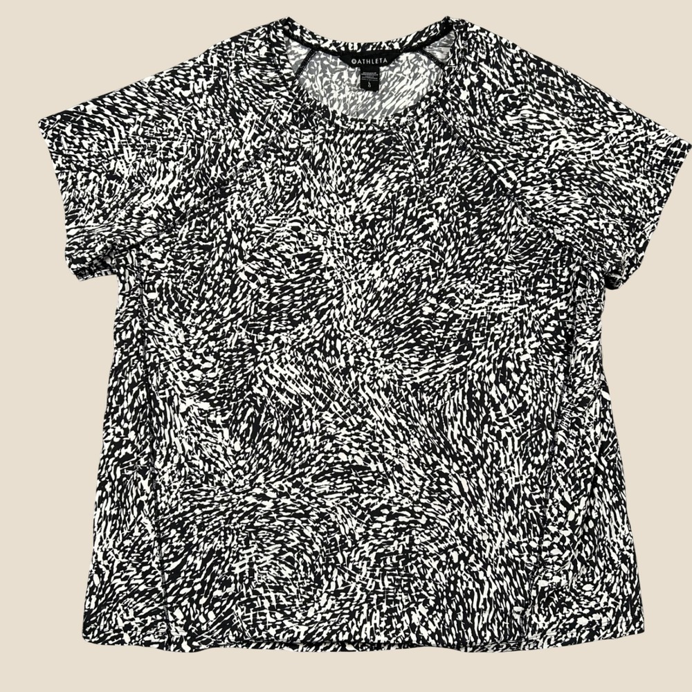 Athleta T-Shirt Womens L Black White Ultimate Train Printed Tee Raglan Active